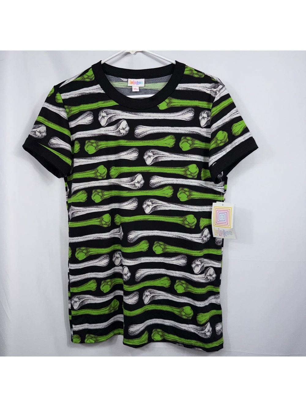 LuLaRoe Liv S Black Green Bone Print Crewneck Tee